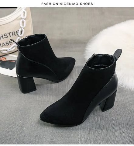 Sonicelife 2025  Autumn/Winter Women Ankle Boots Pointed Fashion Short  Suede Panel Side Zipper Thick Heels Women's Shoes Large 44
