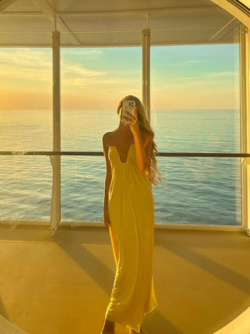 Sonicelife Sexy Loose V Neck Off-the-shoulder Long Dress Elegant Yellow Sleeveless Backless Pleated Dresses New Lady Vacation Beach Vestido