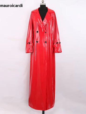 christmas outfit Sonicelife Spring Autumn Extra Long Soft Red Reflective Shiny Patent Leather Coat Women Double Breasted Maxi European Fashion