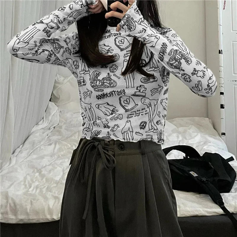 Sonicelife Y2K Mesh Sheer T Shirts Women Streetwear Cartoon Print Crop Tops Korean Sexy See Through Long Sleeve Slim Chic Tees New