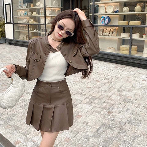 thanksgiving outfit Sonicelife Coffee Color PU Leather Jacket And Skirt Set 2024 New Women's Autumn Miu System Chic Pleated Skirt Loose 2-Piece Set