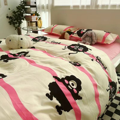 Sonicelife Ins Cartoon Rabbit Duvet Cover Set Soft Blue Flat Sheet Quilt Cover Pillowcase Bed Linen Twin Queen Full Size Floral Bedding Set