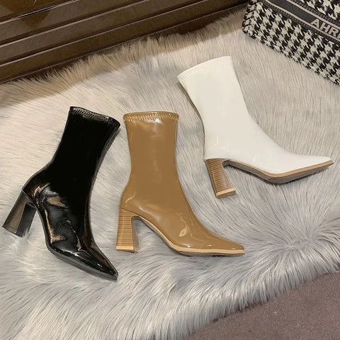 Sonicelife 2024 Autumn Winter Patent Leather Shoes Women Chunky Heels Boots Sexy High Heel Short Boots Women Botas De Mujer