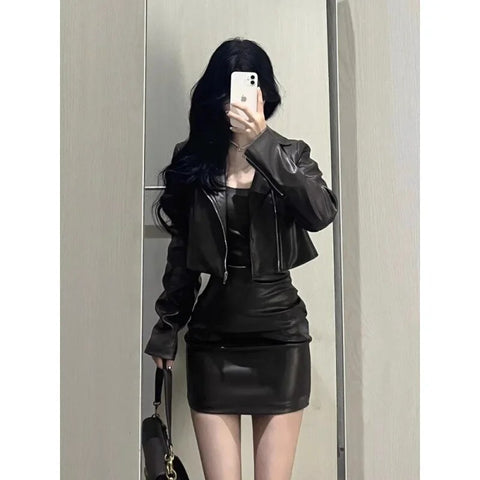 thanksgiving outfit Sonicelife 2024 Spring Autumn New Women's Cropped Leather Jacket Tank Dress Slimming Bodycon Skirt Trendy Fashionable