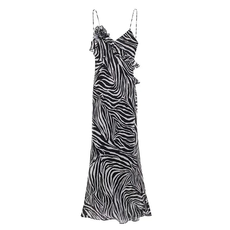 Sonicelife Sexy Zebra Print Sling Long Dress Women V-neck Sleeveless Backless 3D Flower Beach Dresses 2024 Summer Lady Holiday Chiffon Robe