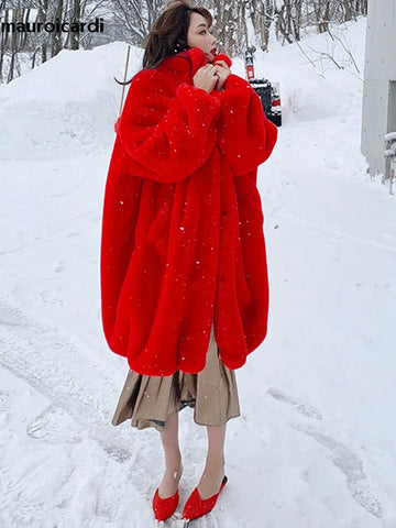 christmas outfit Sonicelife Winter Long Oversized Red Thick Warm Soft Fluffy Faux Rex Rabbit Fur Coat Women Loose Casual Korean Fashion 2025