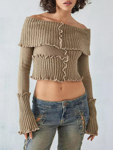 thanksgiving outfit Sonicelife Women s Off-Shoulder Cropped Tops Ribbed Knit Long Sleeve Lettuce Edge Trims Sweater Slim Fitted Y2K Knitwear