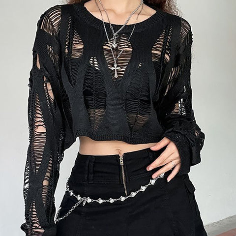 Sonicelife Perforated Hole Hollow Out Y2K T-shirts Batwing Sleeve Knitted Blouse Vintage Thin American Style Girlish Loose Streetwear Top