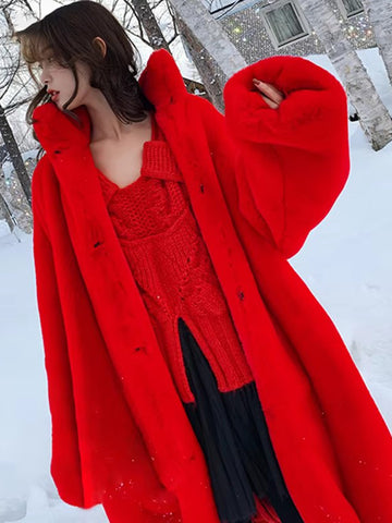 christmas outfit Sonicelife Winter Long Oversized Red Thick Warm Soft Fluffy Faux Rex Rabbit Fur Coat Women Loose Casual Korean Fashion 2025