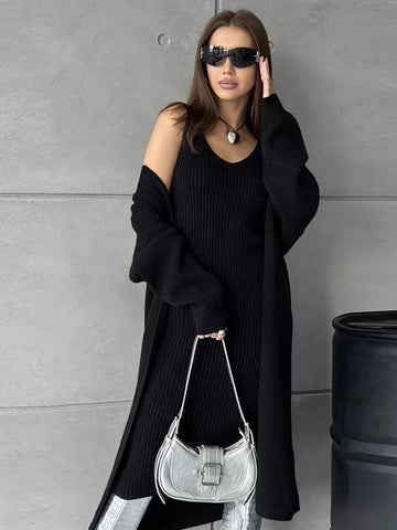 Black Friday Sonicelife Casual Knitted Sling Dresses Cardigan Set Women Loose Solid V-neck Knitwear Long Open Sweater Woman's Sets Autumn Chic Oufits