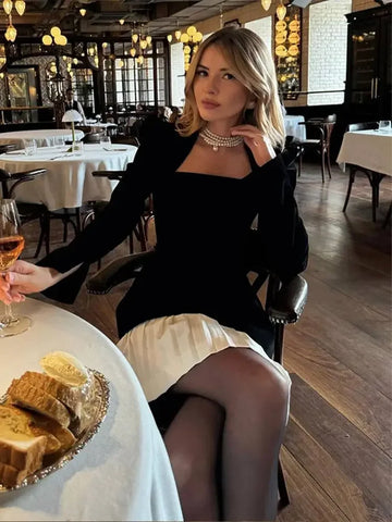 Sonicelife 2025 Elegant Velvet High Waist Spliced Mini Dress Fashion Women Square Neck Long Sleeve Gowns Autumn Winter Lady New Party Wear