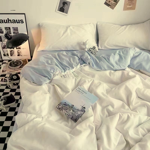 Sonicelife Sky Blue Solid Color Bedding Set Soft Girls Boys Single Double Size Flat Sheet Duvet Cover Pillowcase Bed Linens Home Textile