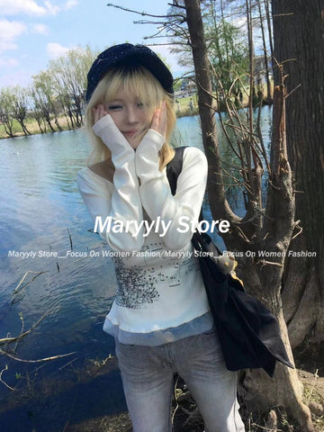 Sonicelife 2025 Y2k Aesthetic Cotton Tshirts Women All Match Tees Lace Patch Sexy Grunge Print T Shirt Long Sleeve Crop Top Fairy Clothes