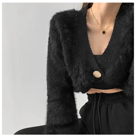 Sonicelife 2024 Autumn Winter Women Button Cropped Sweater Imitation Mink Hair V-Neck Long Sleeve Sweater Solid Cardigan Coat Women