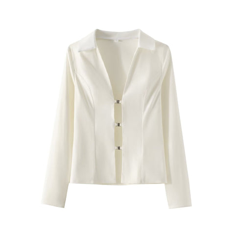 Sonicelife Women's Single Breasted Long Sleeved Shirt with Metal Buckle Hollow Out Sexy Design Fashionable Temperament New
