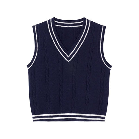 Sonicelife Women Autumn Preppy Style Knitted Vest Striped Vintage Sleeveless Sweater Winter Worn Outside Loose V Neck Jumpers Waistcoat