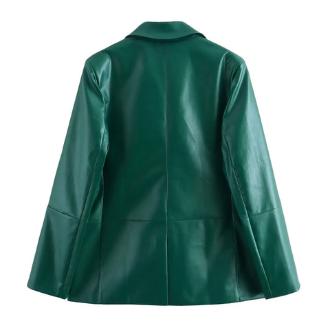 thanksgiving outfit Sonicelife 2024 Autumn New Arrival Women's Leather Green Straight Cut Suit Jacket With Split Side Skirt Medium Length Dress Set