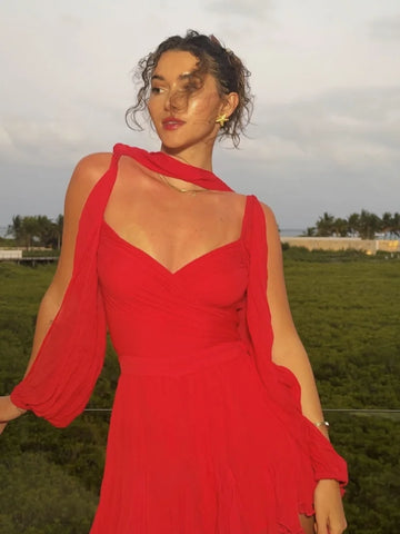 Sonicelife Elegant Ruffles Hem Red Mini Dress Women Fashion Lace Up Flare Long Sleeve A-line Dresses Summer Lady Party Gowns Holiday 2025