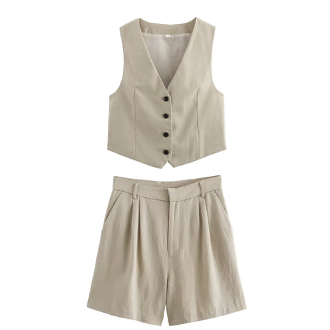 Sonicelife Single Breasted Vest with Split Linen for Women Pleated Design High Waisted Casual Shorts Set New