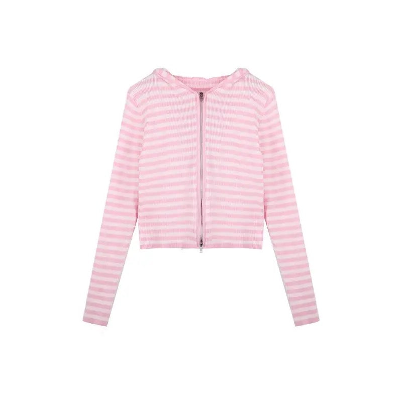 Sonicelife 2025 Autumn New Pink Striped All-match Hoodie Tops Women Casual Bottoming Cardigan Sweet kawaii Long Sleeve Zipper Sweatshirts