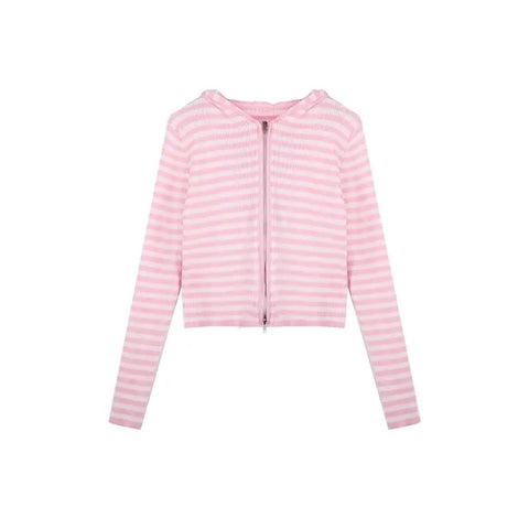 Sonicelife 2025 Autumn New Pink Striped All-match Hoodie Tops Women Casual Bottoming Cardigan Sweet kawaii Long Sleeve Zipper Sweatshirts