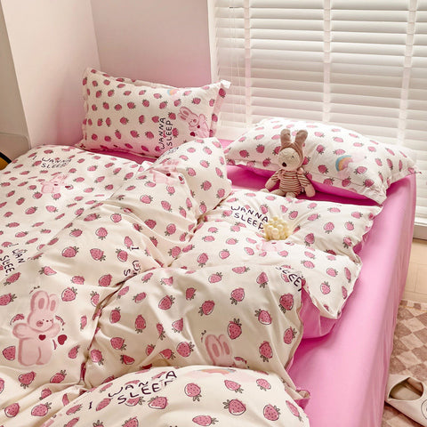 Sonicelife Cute Rabbit Bedding Set No Filling Pink Blue Boys Girls Favorite Single Double Duvet Cover Flat Sheet Pillowcase Kit New 2024