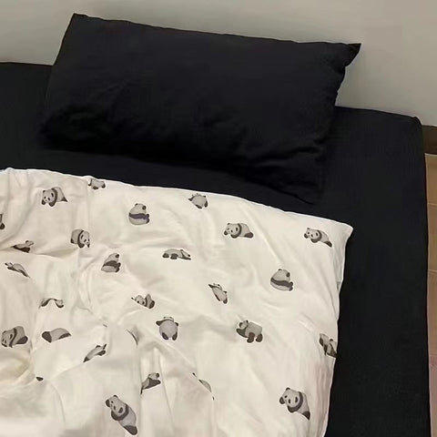 Sonicelife Black And White Panda Bedding Set Cute Cartooon Animals Soft Duvet Cover Solid Flat Sheet For Kids Girls Double Queen Full Size