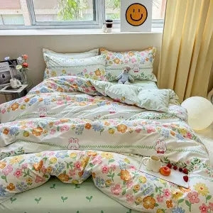 Sonicelife Garden Flowers And Cute Rabbit Pattern Duvet Cover Nordic Style Full Size Bedding Sets Queen Double For Girls Gift Pink