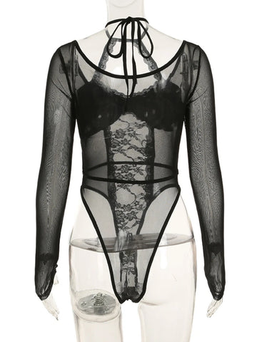 Sonicelife Sexy Y2k Gothic Lace Bodysuit Women Cyber Punk Streetwear See Through Hollow Out Long Sleeve Halter Bodycon Onesie Femme