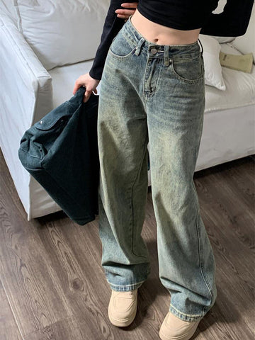 Sonicelife Y2k Baggy Wide Leg Jeans Women Vintage Street Wear Washed Denim Pants Grunge Basic Slouchy Blue Female Trousers New