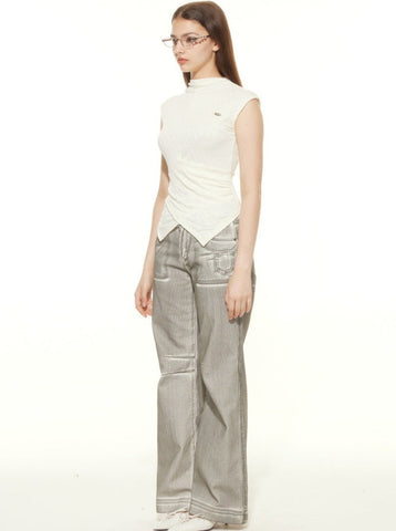 Sonicelife-Stand-Up Collar Pleated Casual Top