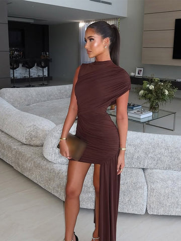 Sonicelife Brown Pleat Women Mini Vestidos Elegant Draped Ruched Turtleneck Sleeveless Slim Fit Dresses Summer Woman Club Party Short Dress