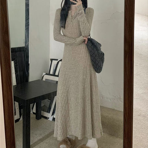 Sonicelife Vintage Long Sleeve Dresses Women Elegant Slim Knitted Basic Long Dresses Autumn Winter New Warm All Match Female Base Vestidos