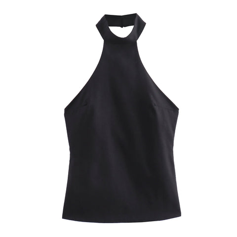 Sonicelife Women's Hanging Neck Top with Open Back Belt Buckle Design Fashionable and Classic Black T-shirt New
