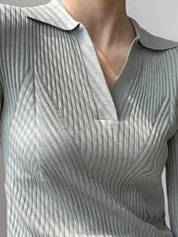 Sonicelife-Solid V Neck Ribbed Splice Sweater