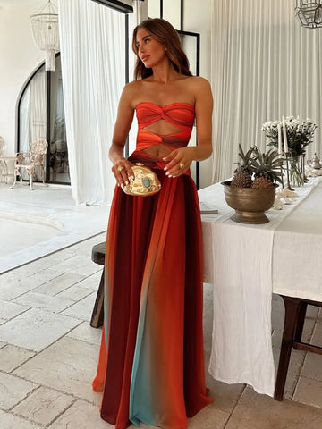 Sonicelife Chic Tie-dye Gradient Women's Dress Fashion Hollow Out Pleated Sling A-line Maxi Dresses New Summer Lady Holiday Beach Robe 2025