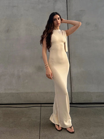 Sonicelife New Elegant Lace Up White Long Dress Lady Summer Sleeveless Round Neck Bodycon Maxi Dresses 2025 Summer Lady Holiday Club Robes