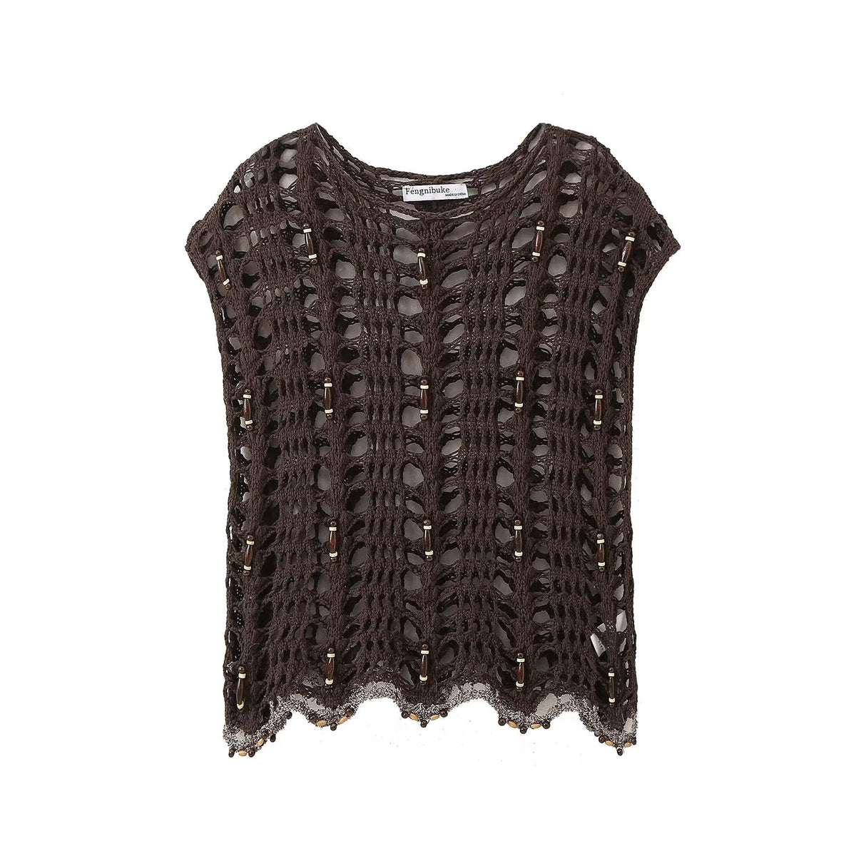 Sonicelife Women's Top with Beaded Hollow Crochet Fashionable and Sexy Casual Layering Versatile Short Sleeved Knitted T-shirt New