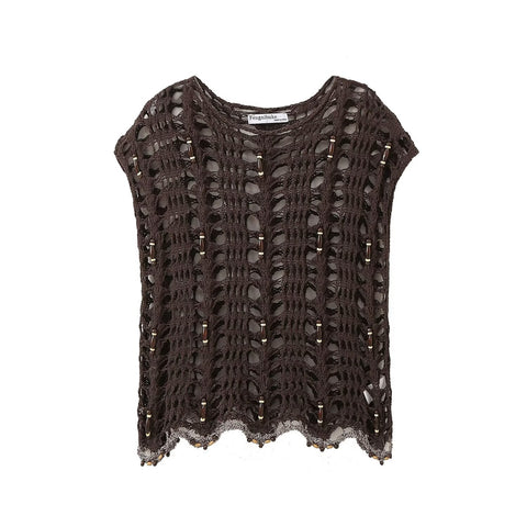 Sonicelife Women's Top with Beaded Hollow Crochet Fashionable and Sexy Casual Layering Versatile Short Sleeved Knitted T-shirt New