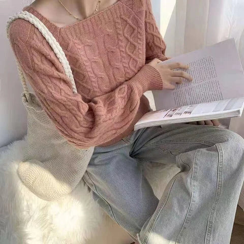 Sonicelife Square Collar Ribbed Sweater Women Thicken Warm Office Jumpers Lantern Sleeve Knit Casual Sweater Women 2024 Fall Winter
