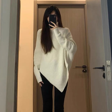 Black Friday Sonicelife Irregular Knit Pullover Women Fashion Lazy Loose Solid Elegant Turtleneck Sweater Chic Vertical Pit Strip Harajuku Y2K Jumpers