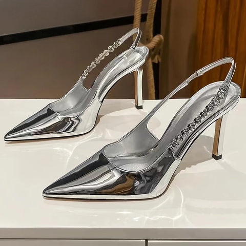 Sonicelife Shiny High Heels Slingback Silver Women Pumps Metallic Crystal Sandals Pointy Toe Stiletto Heeled Shoes Party Dress Shoes Woman