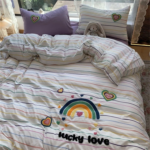 Sonicelife Korean Ins Dopamine Rainbow Embroidered Washed Cotton Bedding set Duvet Cover Home Luxury No Filling Bedding Set Bed Sheets