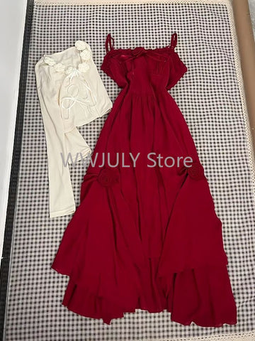 Sonicelife Elegant Holiady Dress Set Woman Casual Y2k Crop Tops + Red Sexy Sleeveless Midi Dress Vacation Style Korean Fashion 2 Piece Set