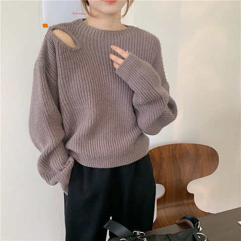 christmas outfit Sonicelife Korean lazy style off-shoulder sweater for women autumn and winter new sweater with small machine hollow design long-sleeved top