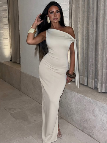 Sonicelife Irregular Off Shoulder Solid Color Vestidos Women Elegant Lace Up Slim Fit Maxi Dresses New Summer Lady Evening Party Robes Gown