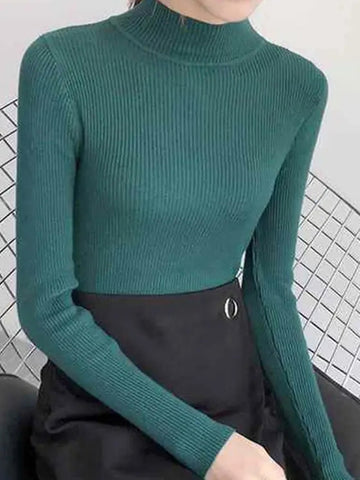 Sonicelife Mock Neck Women Sweater Vintage Basic Solid Knitted Tops Casual Slim Pullover Autumn Winter Korean Tops Simple Chic Jumpers