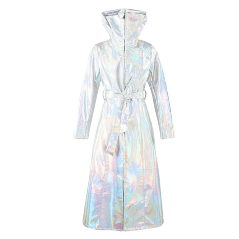 christmas outfit Sonicelife Spring Long Shiny Reflective Holographic Silver Faux Leather Trench Coat for Women with Hood Zip Up Y2K Streetwear