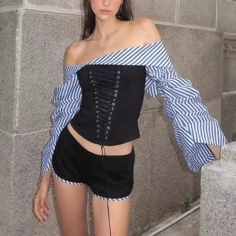 Sonicelife 2000s Sweet Hot Girl Sexy Suit Women Autumn Striped Bubble Sleeve Off Shoulder Top Low Waist Shorts Two Piece Set Female Clothes