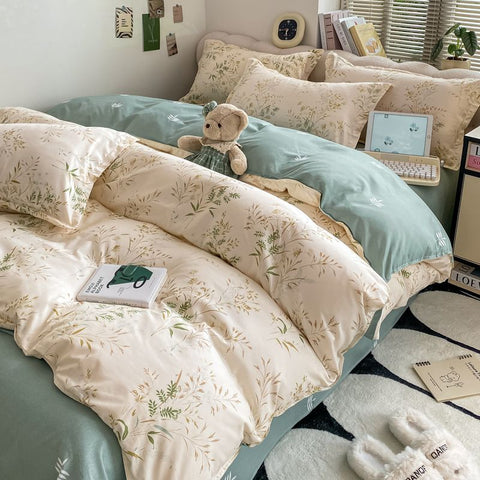 Sonicelife Cream Floral Bedding Set No Filler Breathable Green Ins Double Queen Size Comforter Duvet Cover Flat Sheet Pillowcase Bed Linens